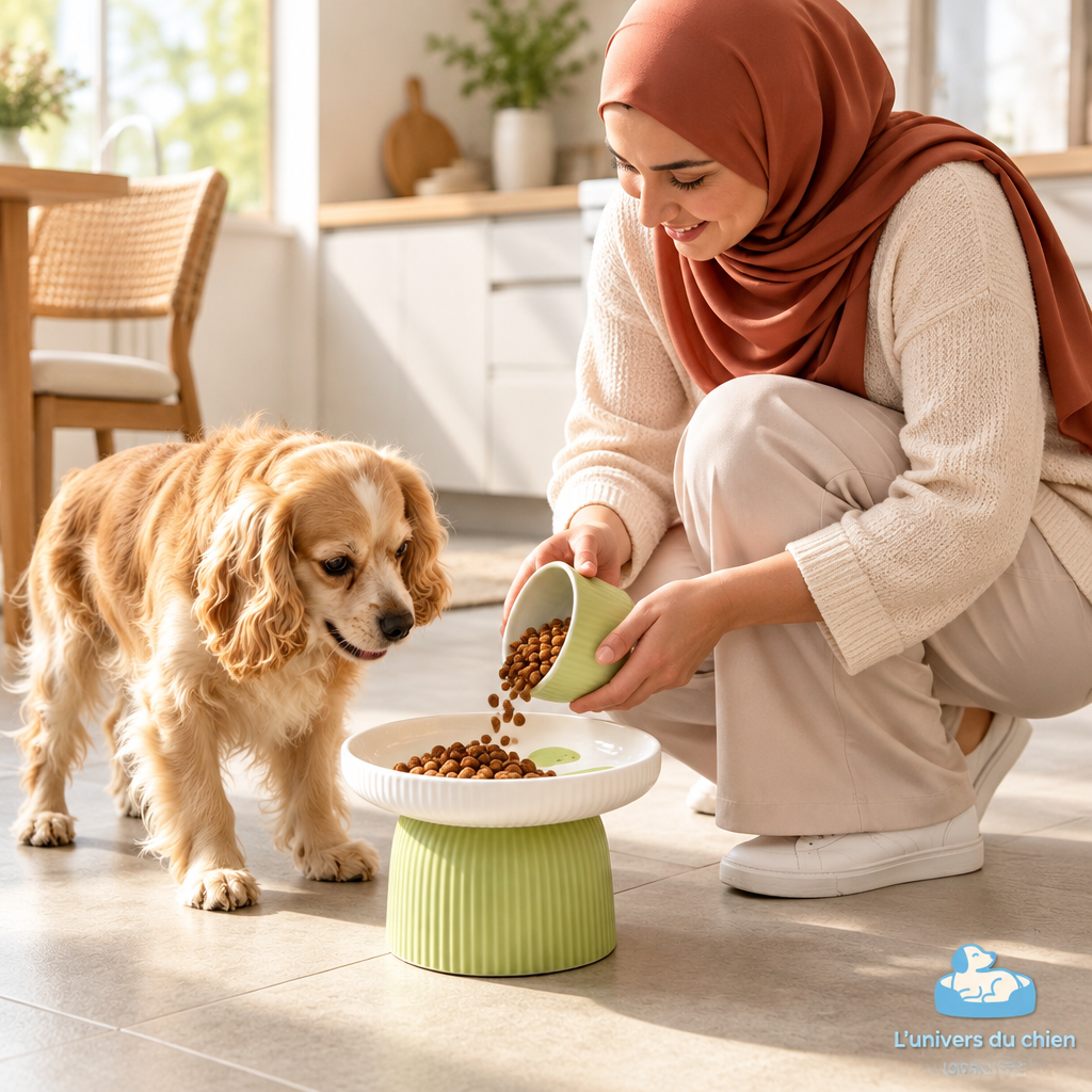 Femme voilée servant le repas de son chien