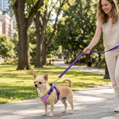 Harnais pour Chien anti-traction court avec son maitre qui est content