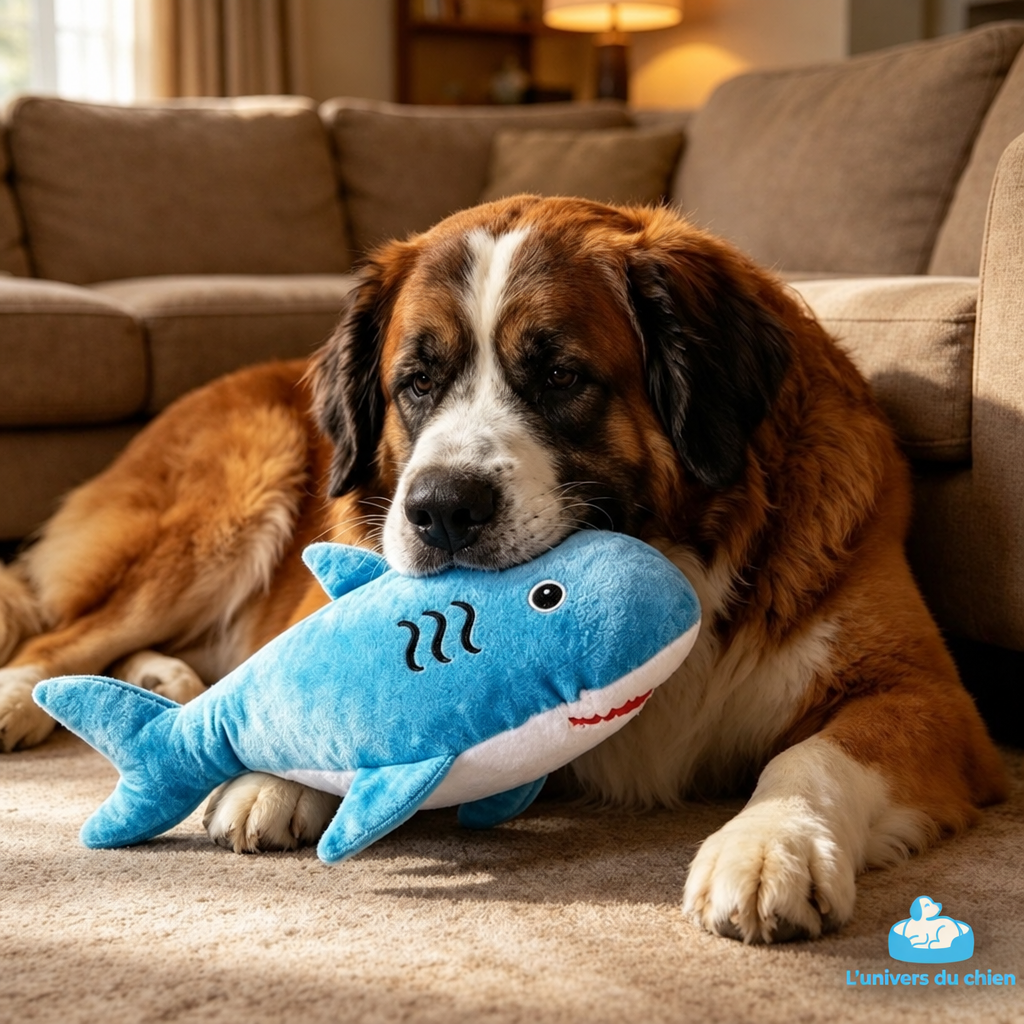Chien avec peluche bleue et logo