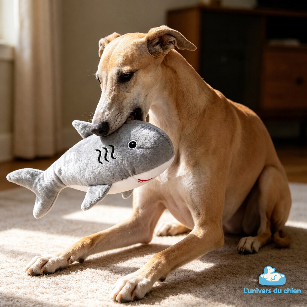 Chien avec peluche grise et logo