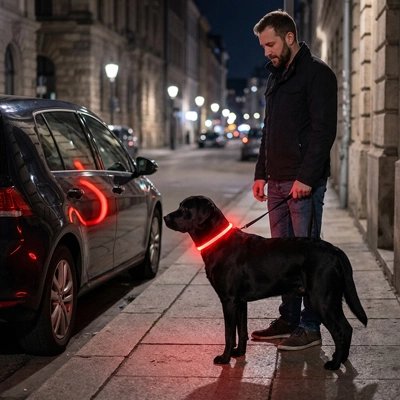 Collier Chien lumineux rouge dans la ville