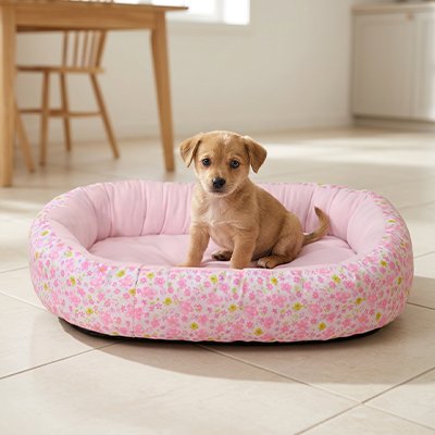 Coussin Chien motif fleur rose