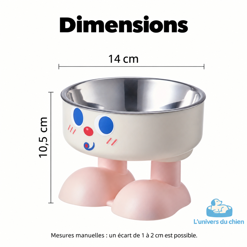 Dimensions de la gamelle surélevée pour chien : diamètre de 14 cm et hauteur de 10,5 cm