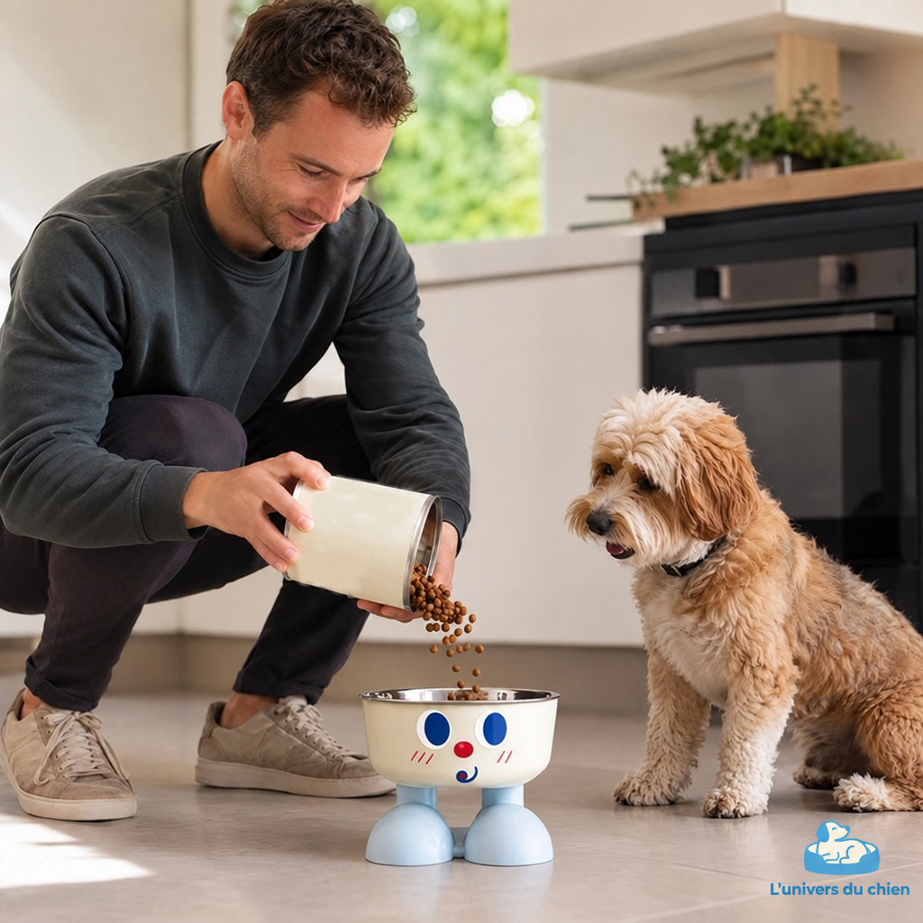 Maître servant des croquettes à un chien beige dans une gamelle surélevée avec pieds bleus