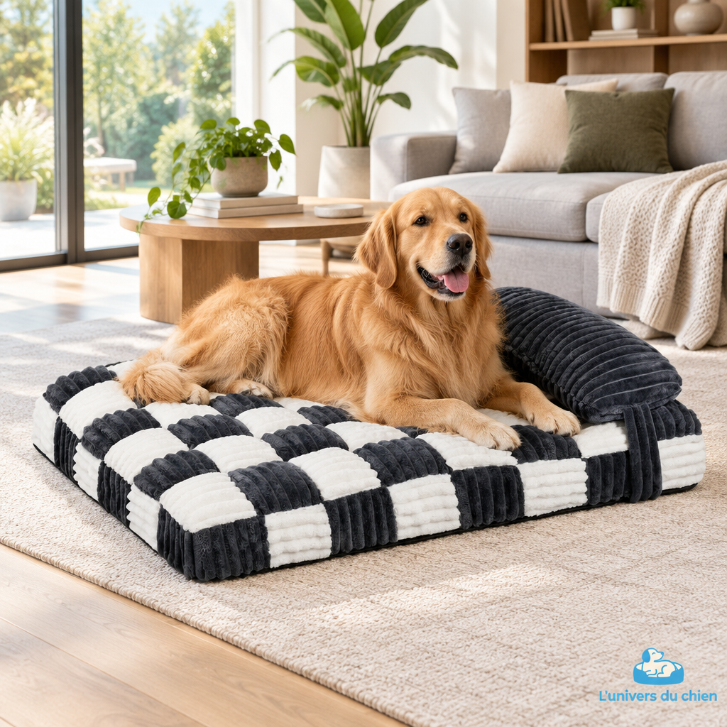 Lit orthopédique pour chien marron et blanc au pied d’un lit