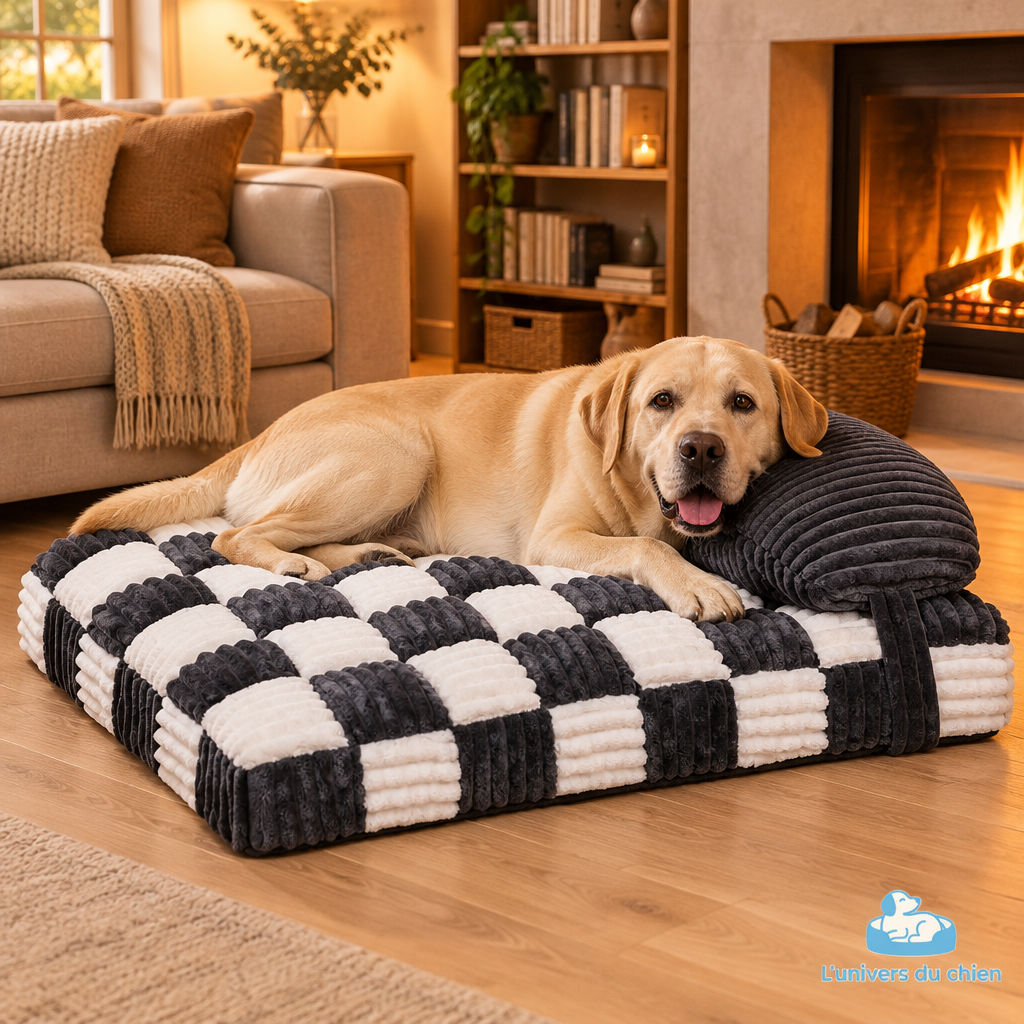 Grand chien XL couché sur un lit orthopédique noir et blanc