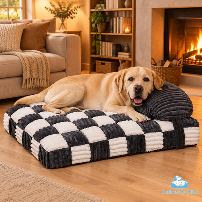 Grand chien XL couché sur un lit orthopédique noir et blanc