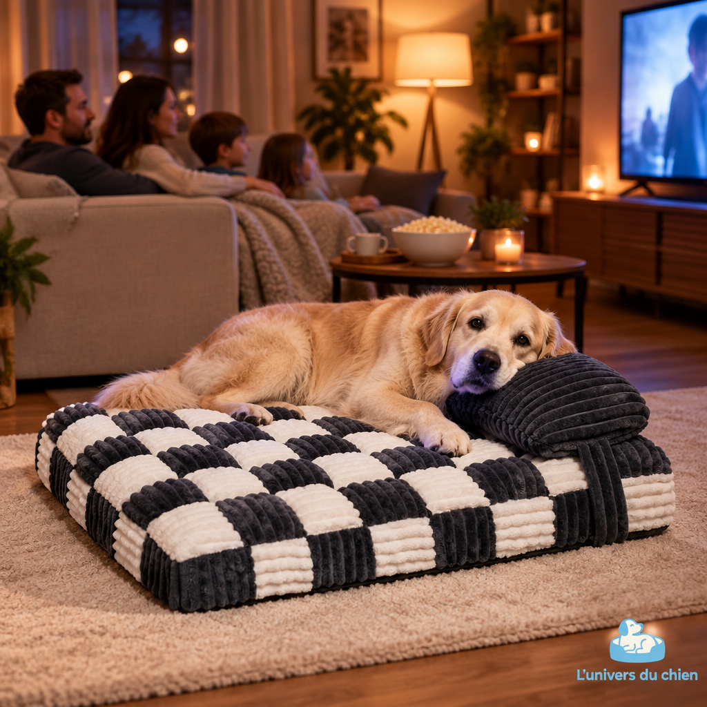 Grand chien sur son lit moelleux noir et blanc pendant une soirée cinéma