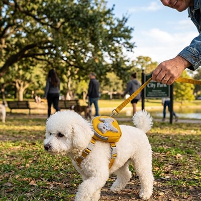 Harnais pour chien orange promené dans le parc