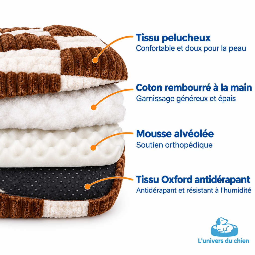 Composition du lit pour chien avec tissu pelucheux, coton et mousse alvéolée