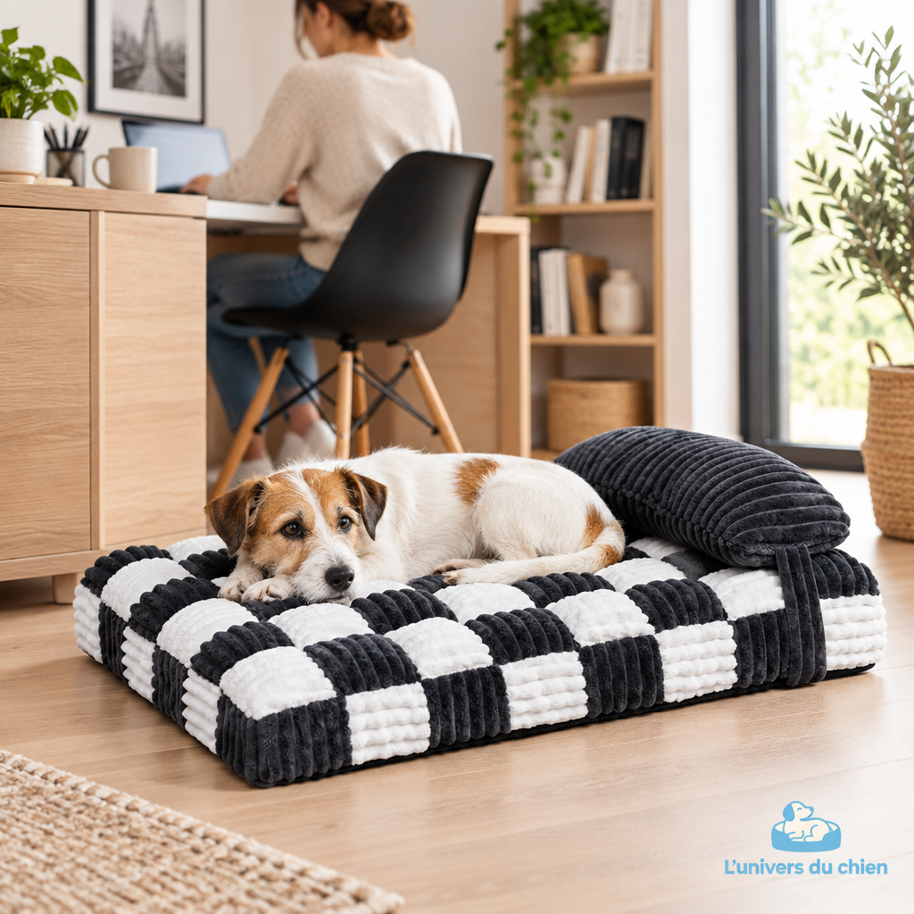 Chien reposant sur un lit noir et blanc près d’un bureau à domicile