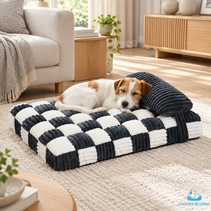 Chien endormi avec la tête posée sur le traversin du lit moelleux