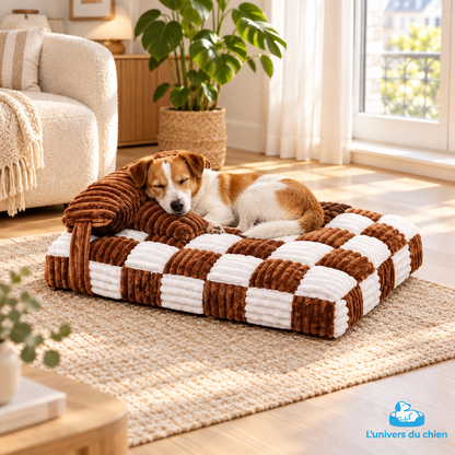 Lit orthopédique moelleux pour chien marron et blanc avec traversin