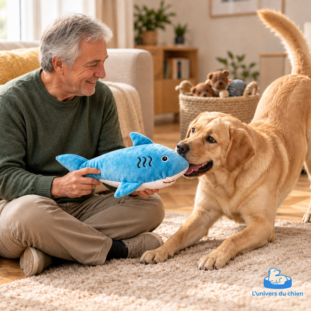 Personne âgée jouant avec le labrador et le requin en peluche
