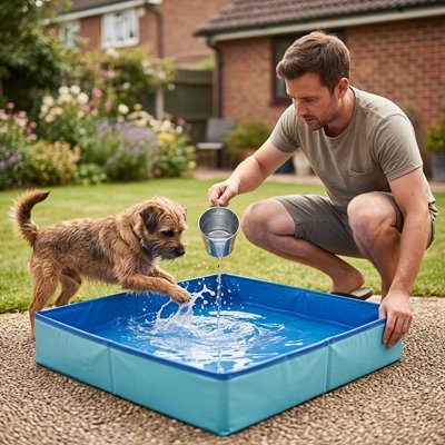 Piscine Chien content baigner avec son maitre