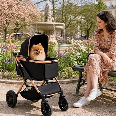 Poussette pour Chien content heureux dans le parc avec son maitre