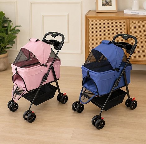 Poussette pour Chien élégante rose et bleu avec panier de rangement