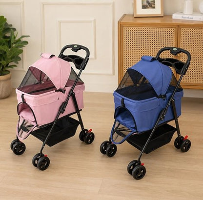 Poussette pour Chien élégante rose et bleu avec panier de rangement