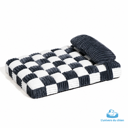 Lit pour chien noir et blanc à motif damier, avec traversin intégré